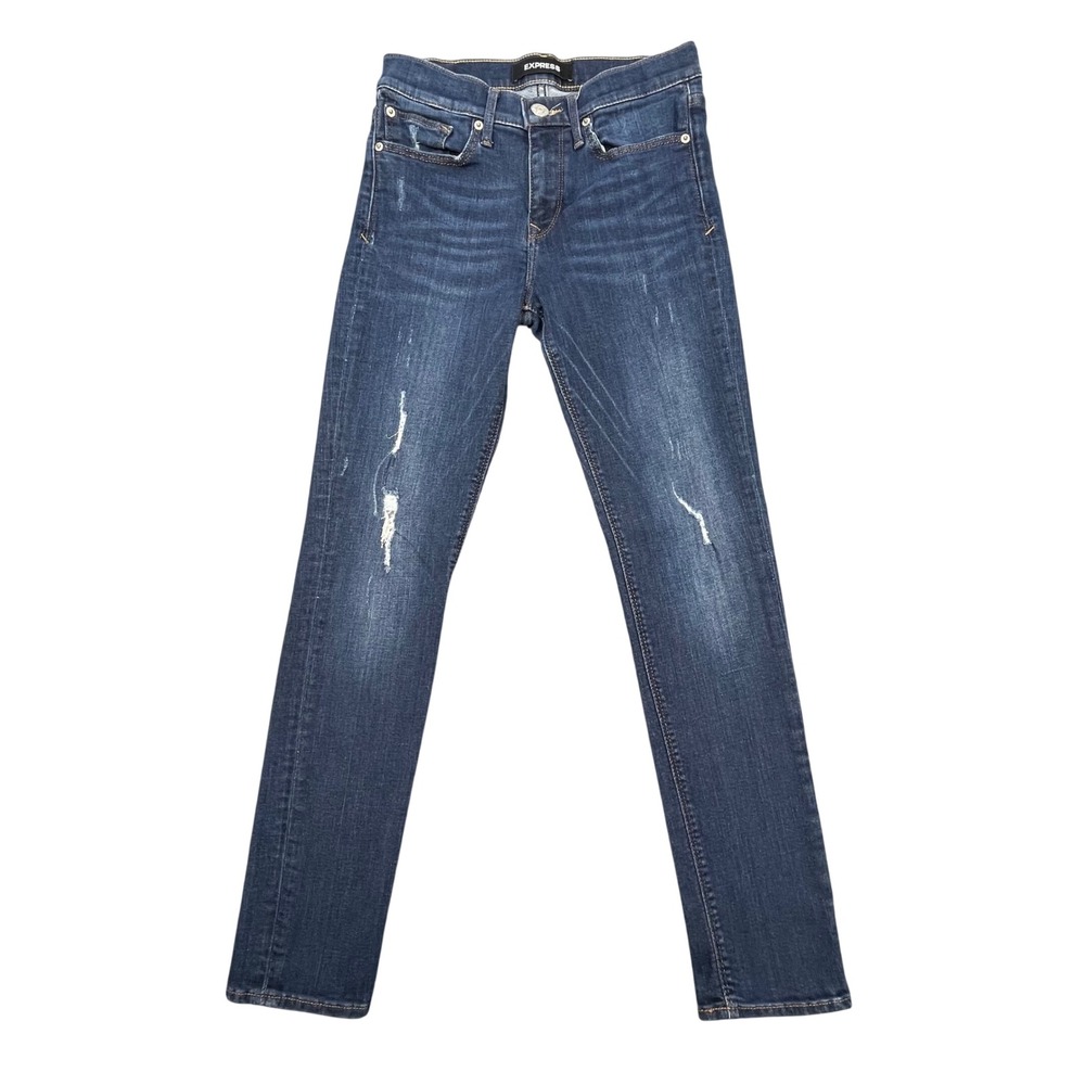Express Blue Distressed Super Skinny Mid Rise Jeans Womens 4R